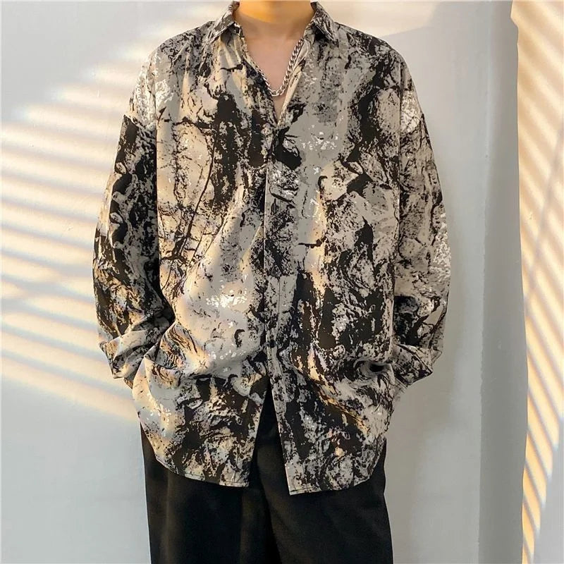 Antique Vintage Long sleeve Shirt for Men Streetwear Korea Style Fashion Design Clothes Full-printed Men's Hip Hop Top Shirt