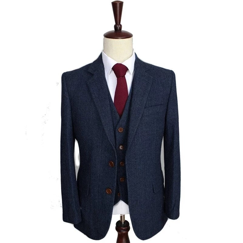 Men‘s Suits 3 Pieces Green Wool Tweed Herringbone Business Retro Classic PatternTuxedos for Wedding Blazer Pants Vest