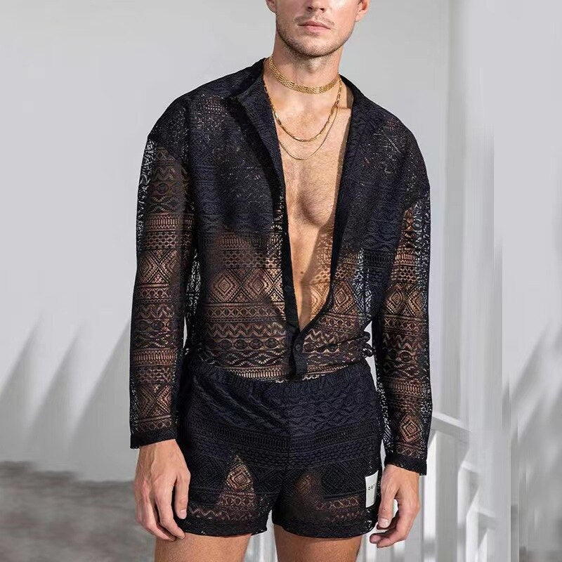 jiaabc New Summer Men Two Piece Suits Sexy See Through Lace Outfits Beach Fashion Plain Pattern Print Long Sleeved Tops And Shorts Set