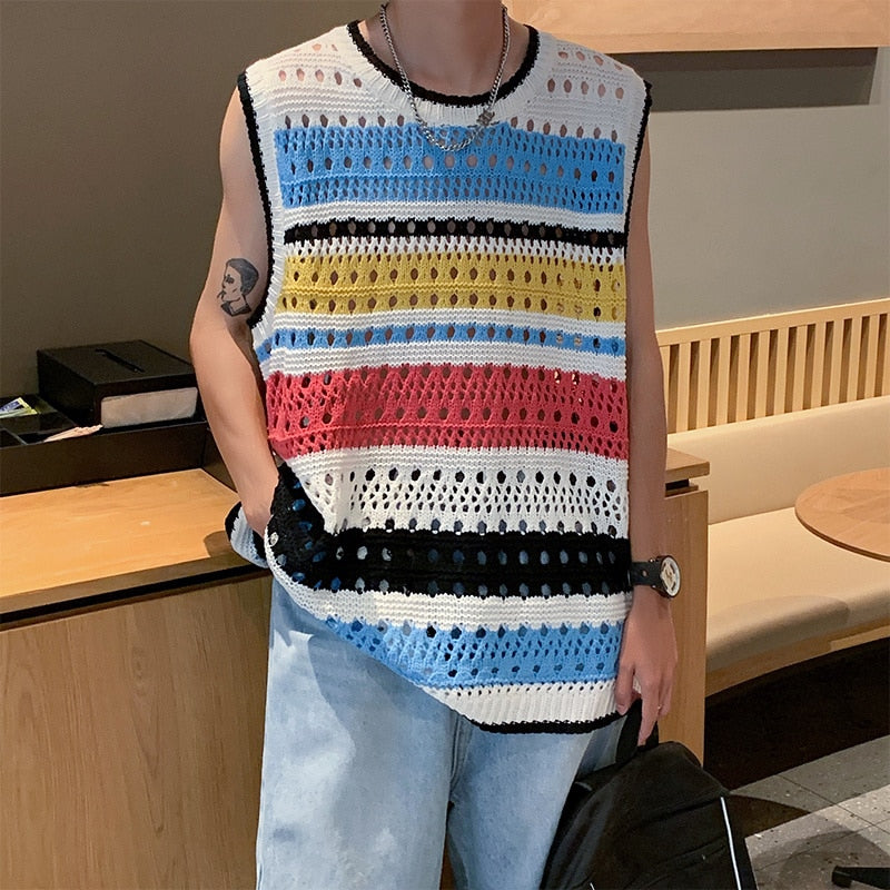 jiaabc Hollow Out Sweater Vest Men Fashion Retro O-neck Knitted Pullover Men Streetwear Loose Sleeveless Sweater Mens Jumper Clothes