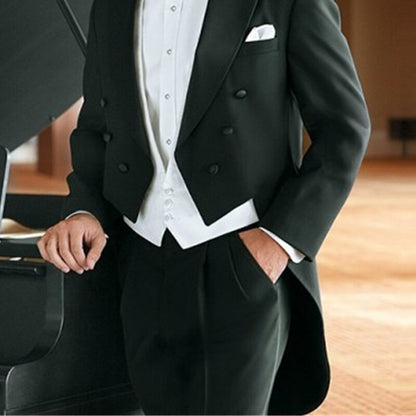 jiaabc Black Wedding Tailcoat for Groom Dinner Party Tuxedo 3 Piece Formal Men Suits with White Vest Pants Male Fashion Prom