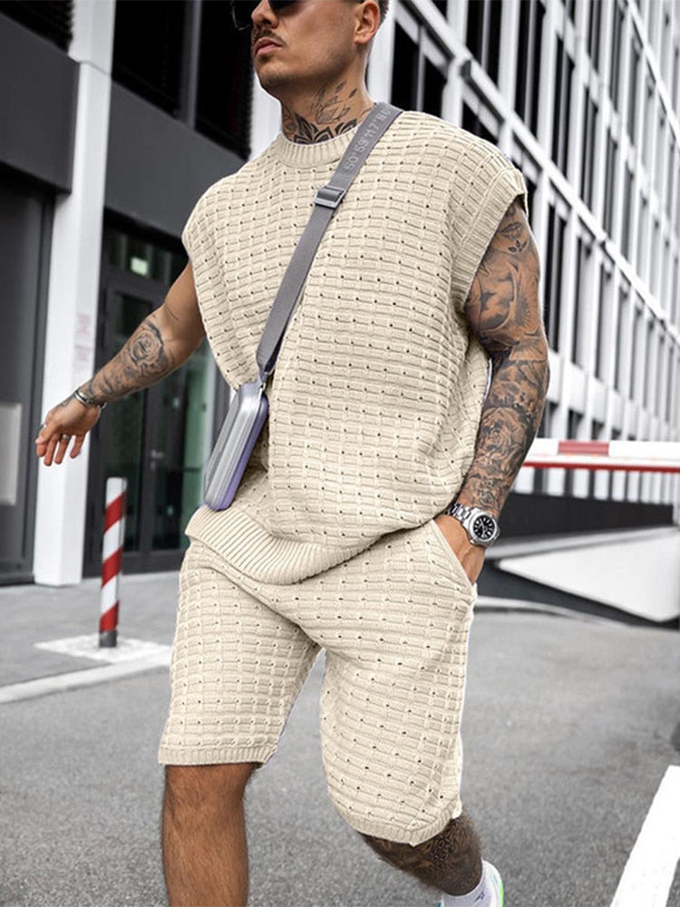 jiaabc Streetwear Summer Men Fashion Outfits Knitted Solid Color Loose Two Piece Sets Mens Casual O Neck Pullover And Shorts Suits