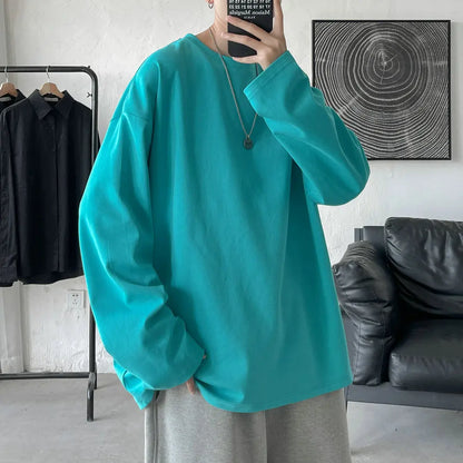 jiaabc FALL OUTFITS MEN Long Sleeve Casual Solid Color Cotton T Shirt For Men Spring Autumn O-neck Oversized Men's T-shirt