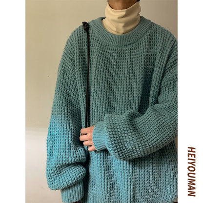 jiaabc Men's Waffle Sweaters Round Neck Solid Color Korean Style Male Knitted Pullovers Loose Casual Winter Knitwear