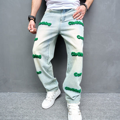 Autumn Men Stylish Embroidery Straight Loose Jeans Trousers Hip Hop Streetwear Casual Male Denim Pants