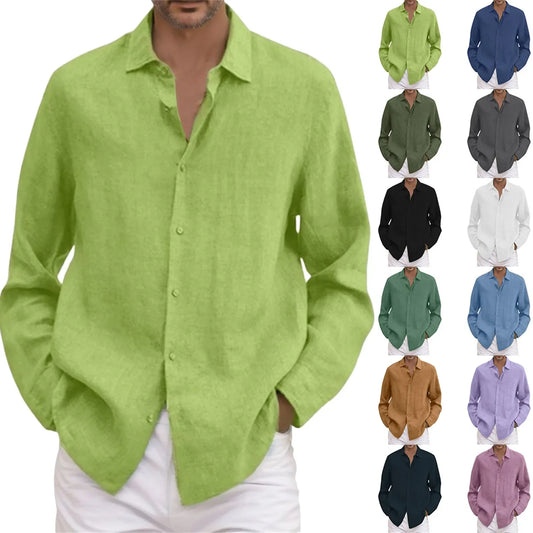 jiaabc Spring Men Causal Linen Shirts Fashion Business Office Loose Lapel Long Sleeve Tops Beach Vintage Solid Color Button Clothing