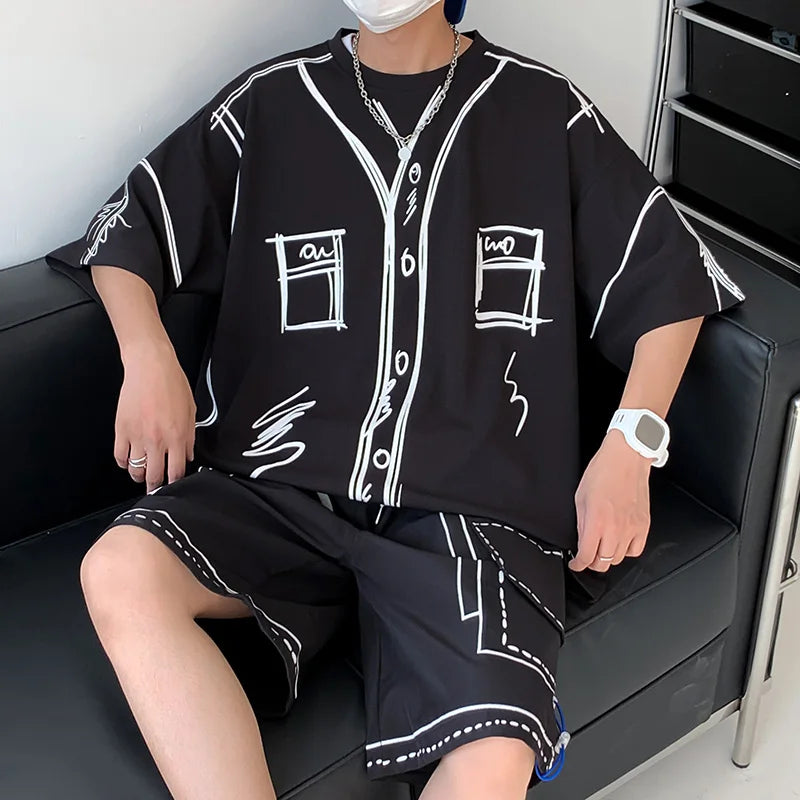 jiaabc Summer 2pcs Men's Set Matching Shorts T-shirts Hand-painted Clothing O-Neck Short Sleeve Oversize Streetwear Creative Graffiti