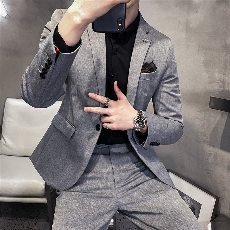 jiaabc (Jacket+Pants) Fashion Men's Pure Color Leisure Suits Gray Blue Black Slim Fit Men Business Banquet Suit Set Plus Size 3XL 4XL