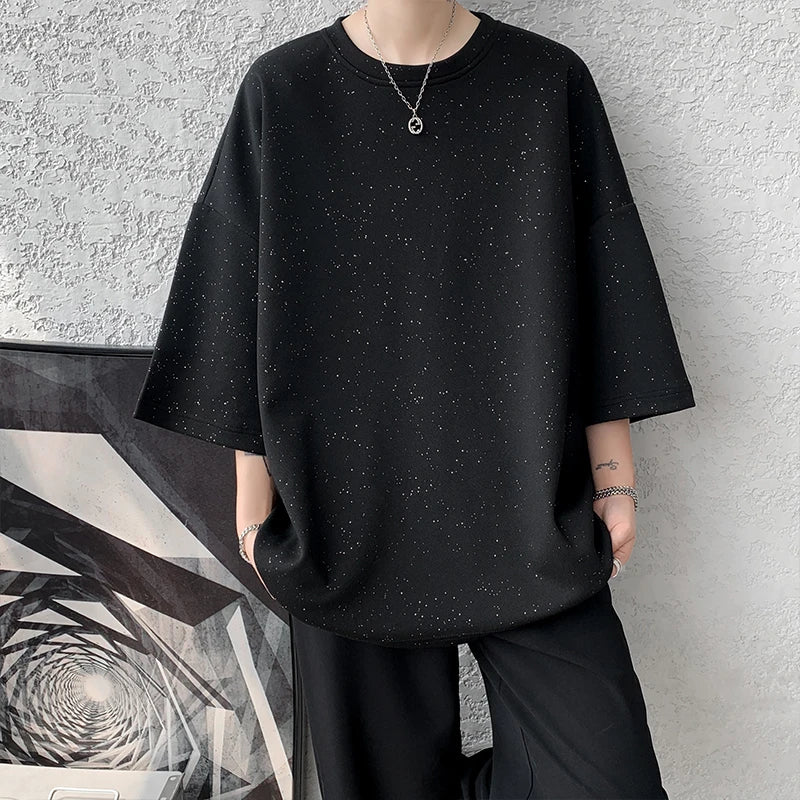 Summer Short Sleeved T-shirt Men Oversized Black White Casual T Shirt Men Streetwear Hip-hop Loose Shiny T Shirt Mens Top M-3XL