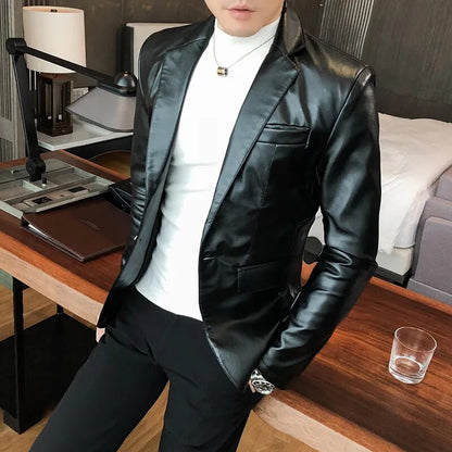 jiaabc New Autumn Faux PU Leather Suit Jacket Men Korean Trendy Slim Fit White Red Black Fashion Streetwear Blazer Coat Male