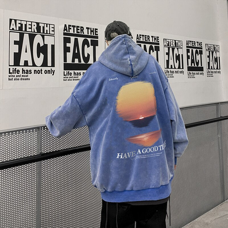 jiaabc Retro Wash Hooded Sweater Man Sunset Graphic Printed Oversized Korean Fashion Hoodies Men Tops Harajuku Street Coat