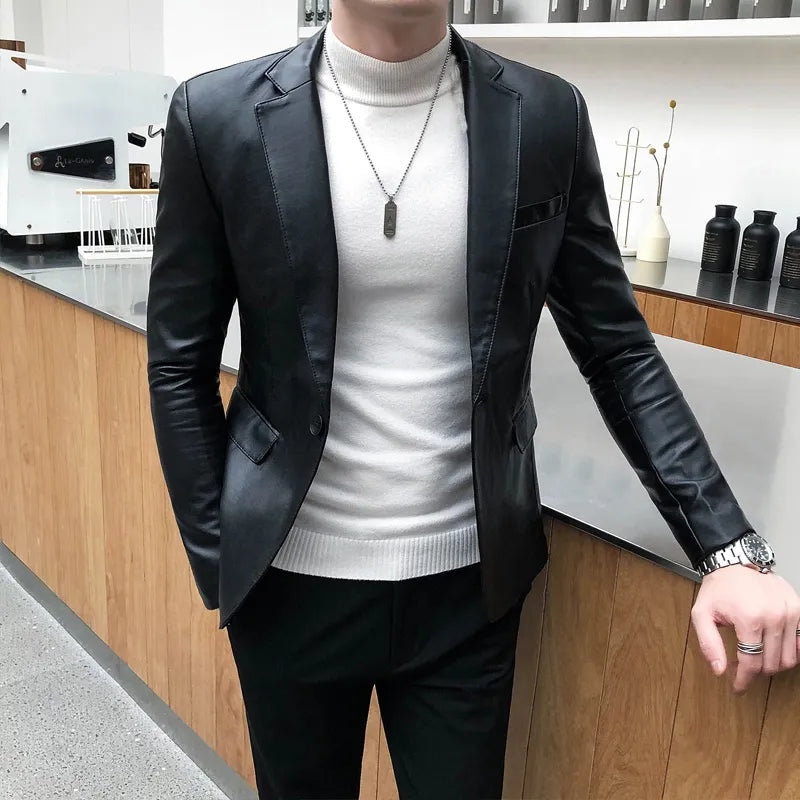 jiaabc New Autumn Faux PU Leather Suit Jacket Men Korean Trendy Slim Fit White Red Black Fashion Streetwear Blazer Coat Male