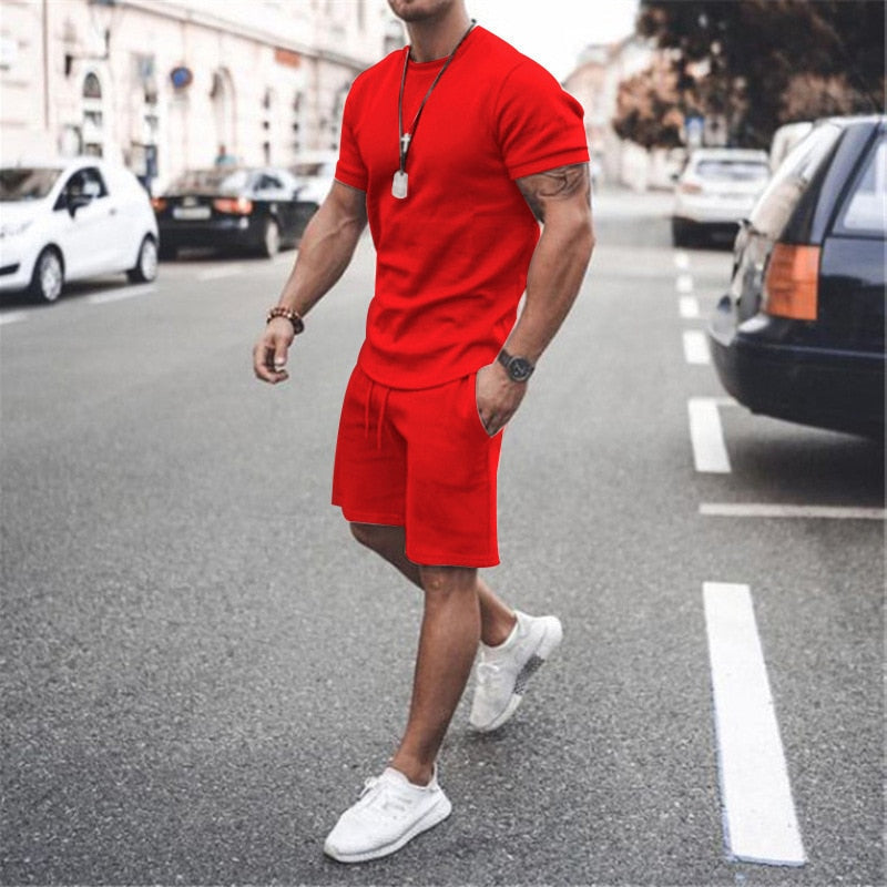 jiaabc Men's Sports Suit Summer Breathable T-shirt 2 piece Set Men Solid Color Fitness Gyms Running Sportswear Male Tracksuit 2023 New