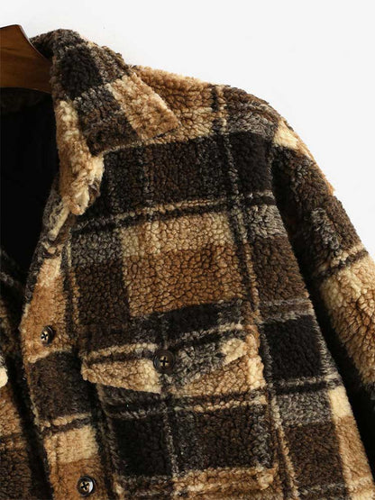 jiaabc Jacket for Men Plaid Fluffy Fleece Shirt Jacket with Pocket Button-up Faux Fur Sherpa Fall Winter Streetwear Topcoats NEW