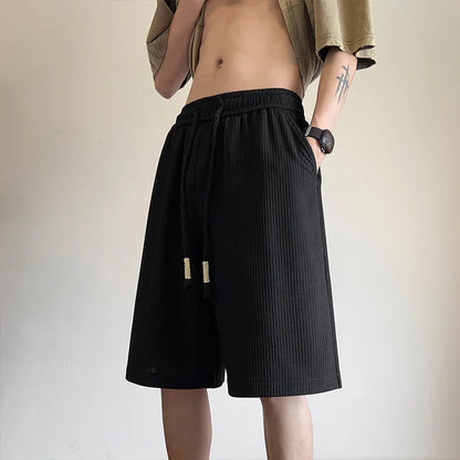 Summer Shorts Men Fashion Gray Black Pleated Shorts Men Streetwear Loose Ice Silk Shorts Mens Beach Shorts Large Size M-5XL