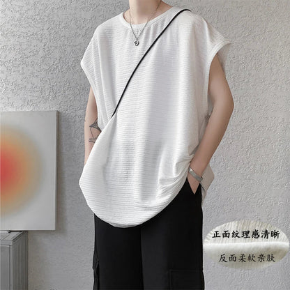 Summer Pleated T-shirt Men Casual Sleeveless T Shirt Men Streetwear Korean Loose Ice Silk T Shirt Mens Vest Large Size 5XL