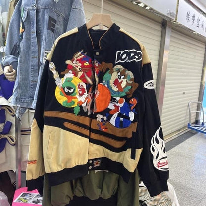 jiaabc Cartoon Embroidery Bomber Jacket Harajuku Hip Hop Tide Baseball Uniform Autumn Winter Coat Warmth Men's Women's Motorcycle Suit