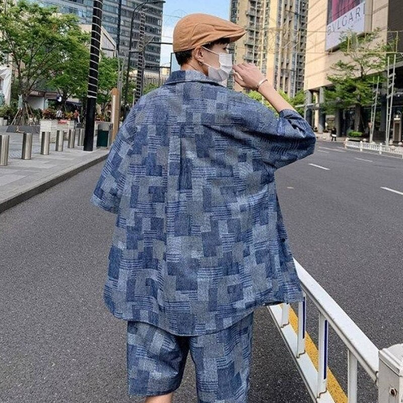 jiaabc Checkered Imitation Denim Multi Pocket Set for Men's Short Sleeve Shirt 2023 Summer Retro Hong Kong Style Handsome Two-piece Set