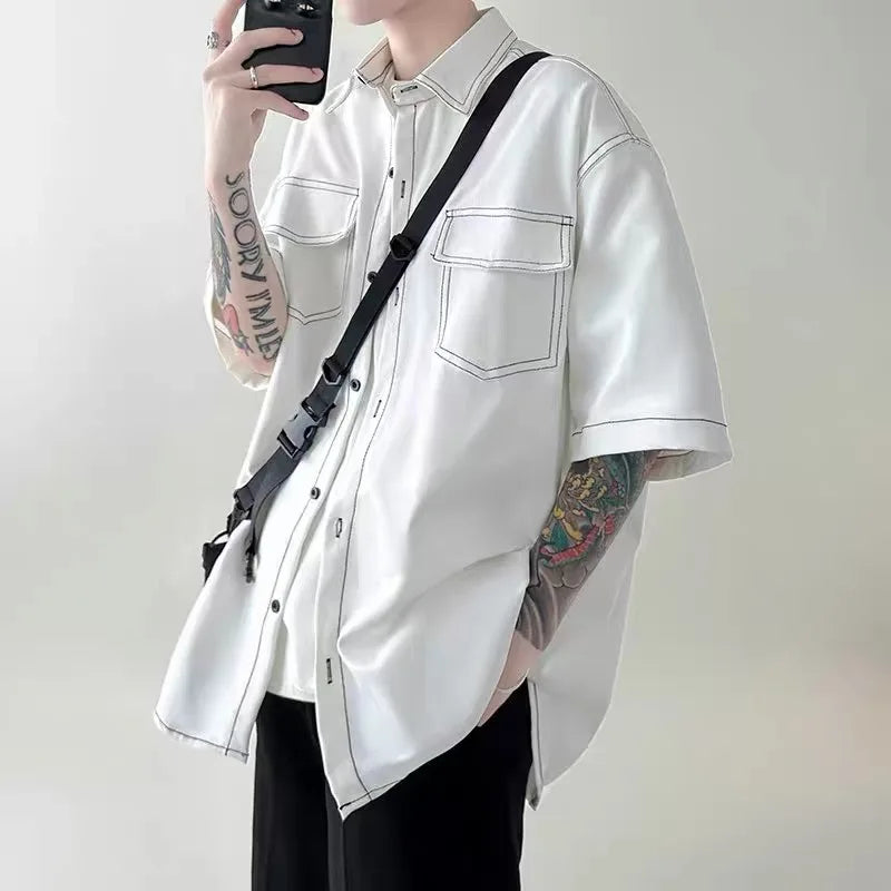 jiaabc Summer Short Sleeved Shirt Men Fashion Retro Black White Shirt Men Streetwear Korean Loose Casual Shirt Mens Vintage Shirts