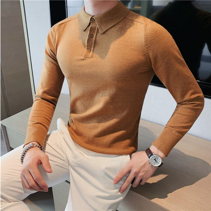 jiaabc Autumn Winter Slim Long Sleeved Polo Shirt Men's Solid Color Lapel knitted Bottom Sweater Business Simple Casual Polo Shirt Top