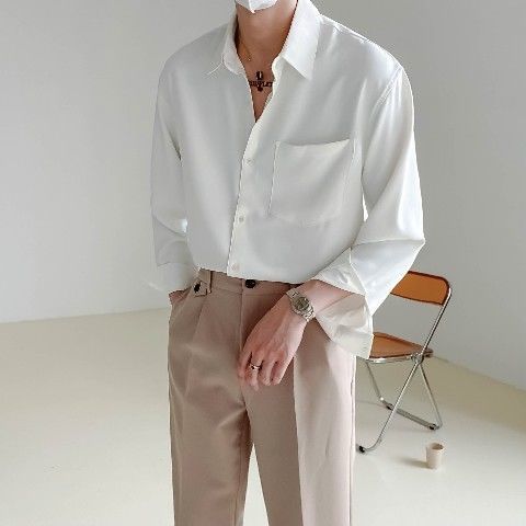 jiaabc Spring New Senior Long Sleeve Button Down Shirts for Men Korean Fashion Loose Drape Solid Color All-match Men's Shirt Blouse