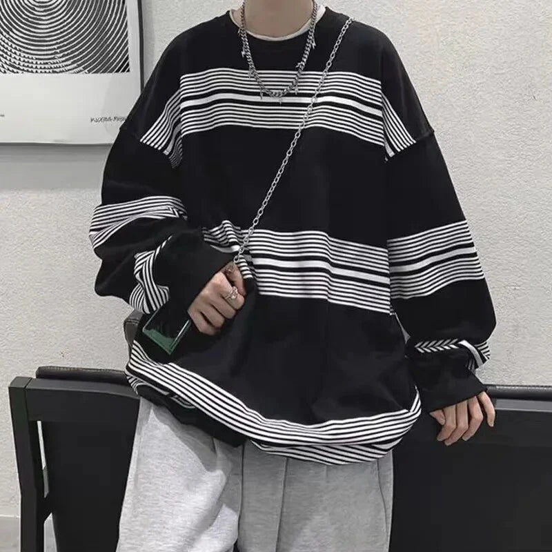 jiaabc Spring Autumn Striped Y2K Harajuku Hip Hop Sweatshirts Man Oversized Casual Tops Long Sleeve Loose Pullover Streetwear Clothes