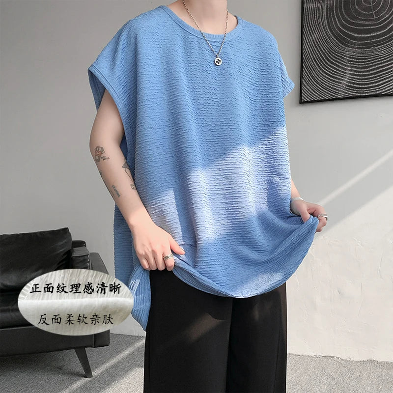 Summer Pleated T-shirt Men Casual Sleeveless T Shirt Men Streetwear Korean Loose Ice Silk T Shirt Mens Vest Large Size 5XL