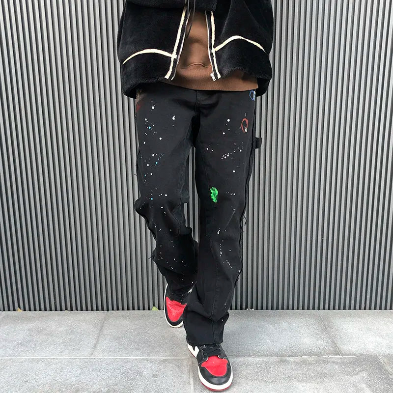 jiaabc Streetwear Graffiti Cargo Flared Jeans Khaki Black Splash Ink Wide Leg Denim Pant Hip Hop Cargo Trousers Jean Men