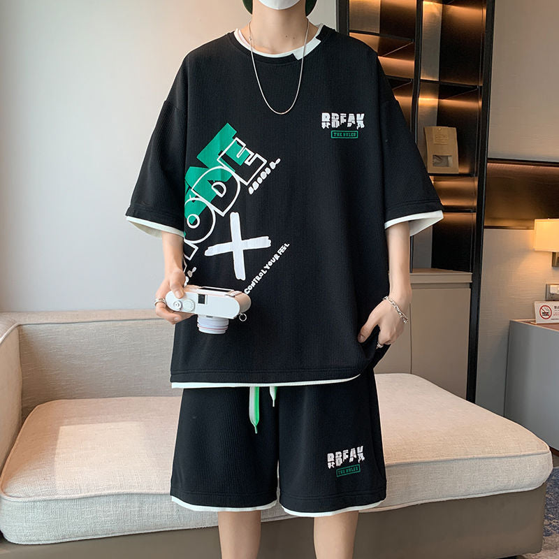 jiaabc Hip Hop Summer Set 2023 Cool Boys' Letter Print Short Sleeve T-shirt Spliced Shorts Set High Street Vitality Casual Streetwear