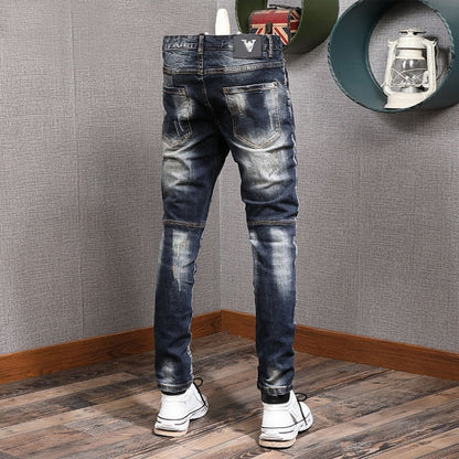 jiaabc Fashion Streetwear Men Jeans Retro Black Blue Elastic Slim Fit Ripped Jeans Men Spliced Designer Embroidery Hip Hop Denim Pants