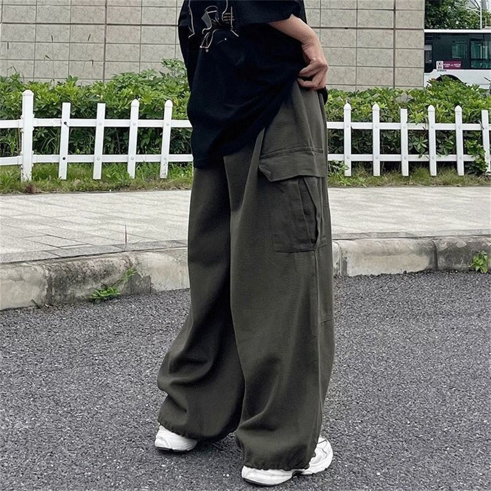 jiaabc Harajuku Vintage Wide leg jeans Pants Men Casual Joggers Harem Pants White Cargo Pants Skateboard Trousers Streetwear