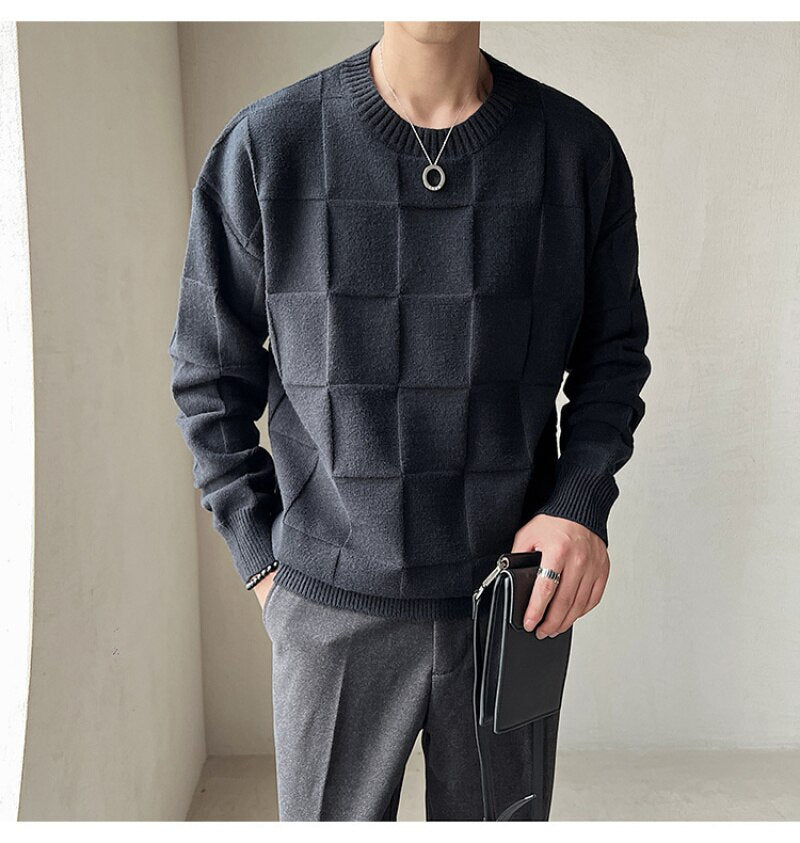 jiaabc Fashion Woven Checkered Knitted Sweater Social Club Outfits Herren Pullover Fall Winter Simple Home Pull Homme Sweater For Men