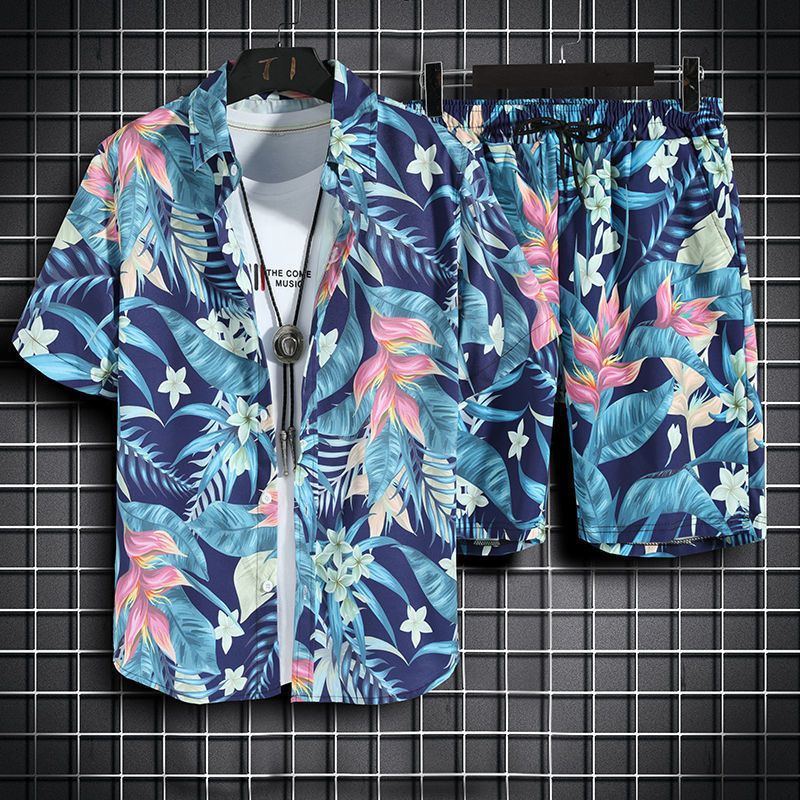 jiaabc Beach Clothes For Men 2 Piece Set Quick Dry Hawaiian Shirt and Shorts Set Men Fashion Clothing Printing Casual Outfits Summer