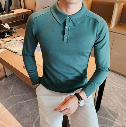 jiaabc Autumn Winter Slim Long Sleeved Polo Shirt Men's Solid Color Lapel knitted Bottom Sweater Business Simple Casual Polo Shirt Top