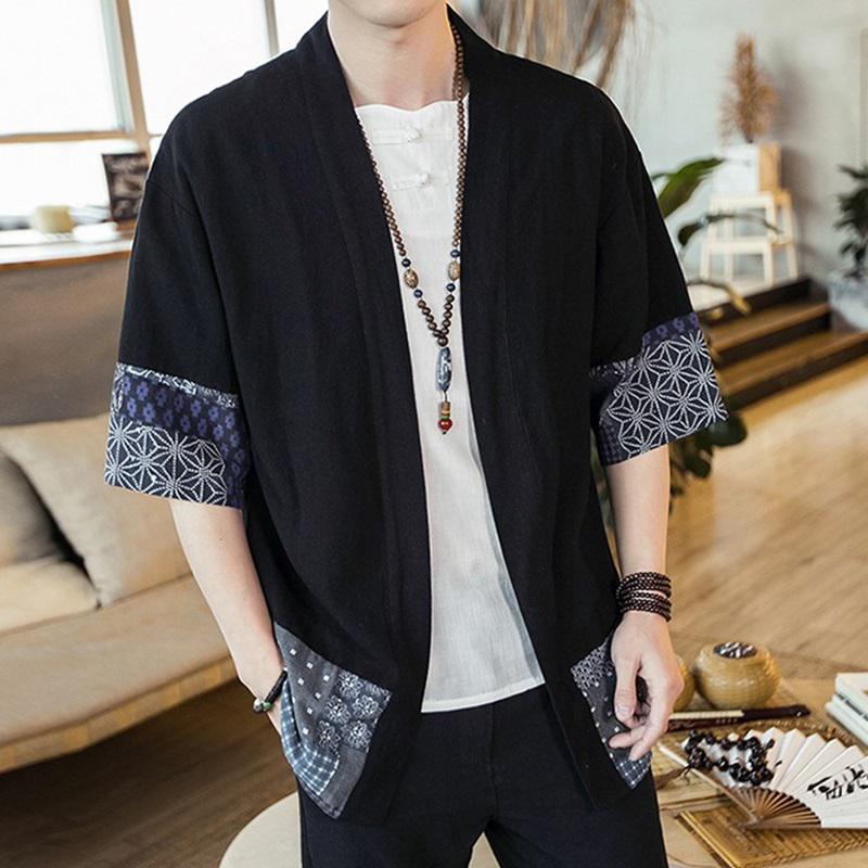 jiaabc  Summer Men's Kimono Jackets Cardigan Mens Lightweight Casual Cotton Blends Linen Seven Sleeves Open Front Coat Outwear