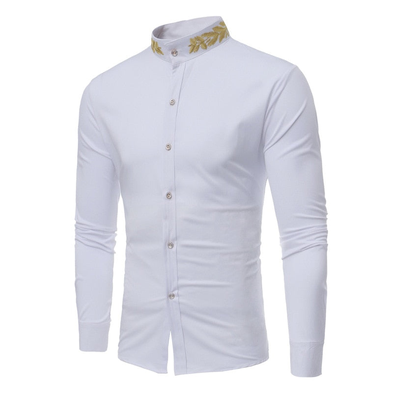 jiaabc Men Spring Autumn Shirt Social Henley Dress Shirt Fashion Long Sleeve Formal Embroidery Tops Clothing Casual camisa masculina