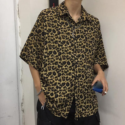 Korean Fashion Street Retro Leopard Shirts for Men Casual All-match Loose Hawaiian Print Lapel Short Sleeve Shirt Men and Women