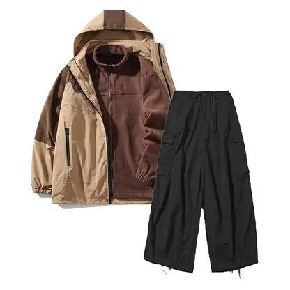 jiaabc Outdoor Three-piece Set Men Women Japanese Casual Hooded Cargo Jacket+Vintage Warm Fleece Jacket+Multi-pocket Cargo Pants Unisex