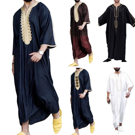 jiaabc 2023 Muslim Men's Robe Middle East Ethnic Loose Casual V Neck Mid Sleeve Retro Muslim Men's Jumpsuit Summer Muslim Sets M-4XL