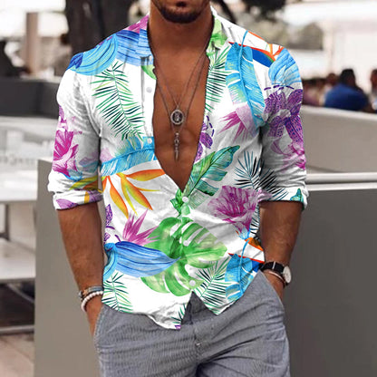 jiaabc Spring Autumn Men Hawaiian Shirts Turn-down Collar Buttoned Tops Men's Casual Tropical Printed Long Sleeve Shirt Streetwear