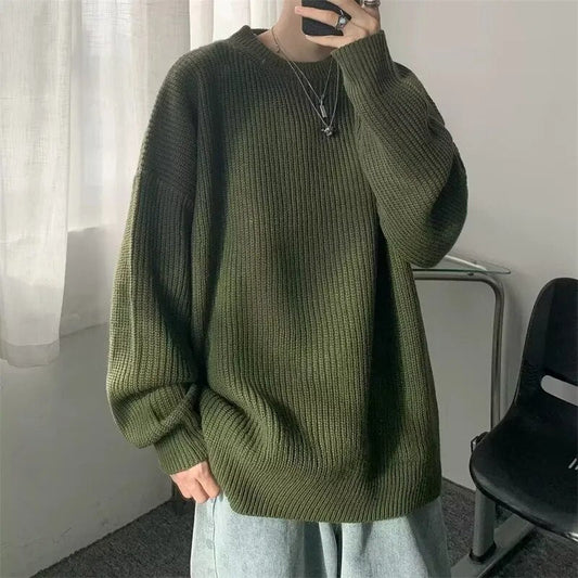 jiaabc Autumn Crew Neck Solid Color Pullover Sweaters For Men Casual Y2K Knitted Sweater High Street Fashion Jumpers Hombre