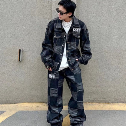 jiaabc Hip Hop Denim 2pcs Suit Men Women Trend Streetwear Denim Plaid Jacket and Punk BF Style Jeans Male Female Two Piece Set