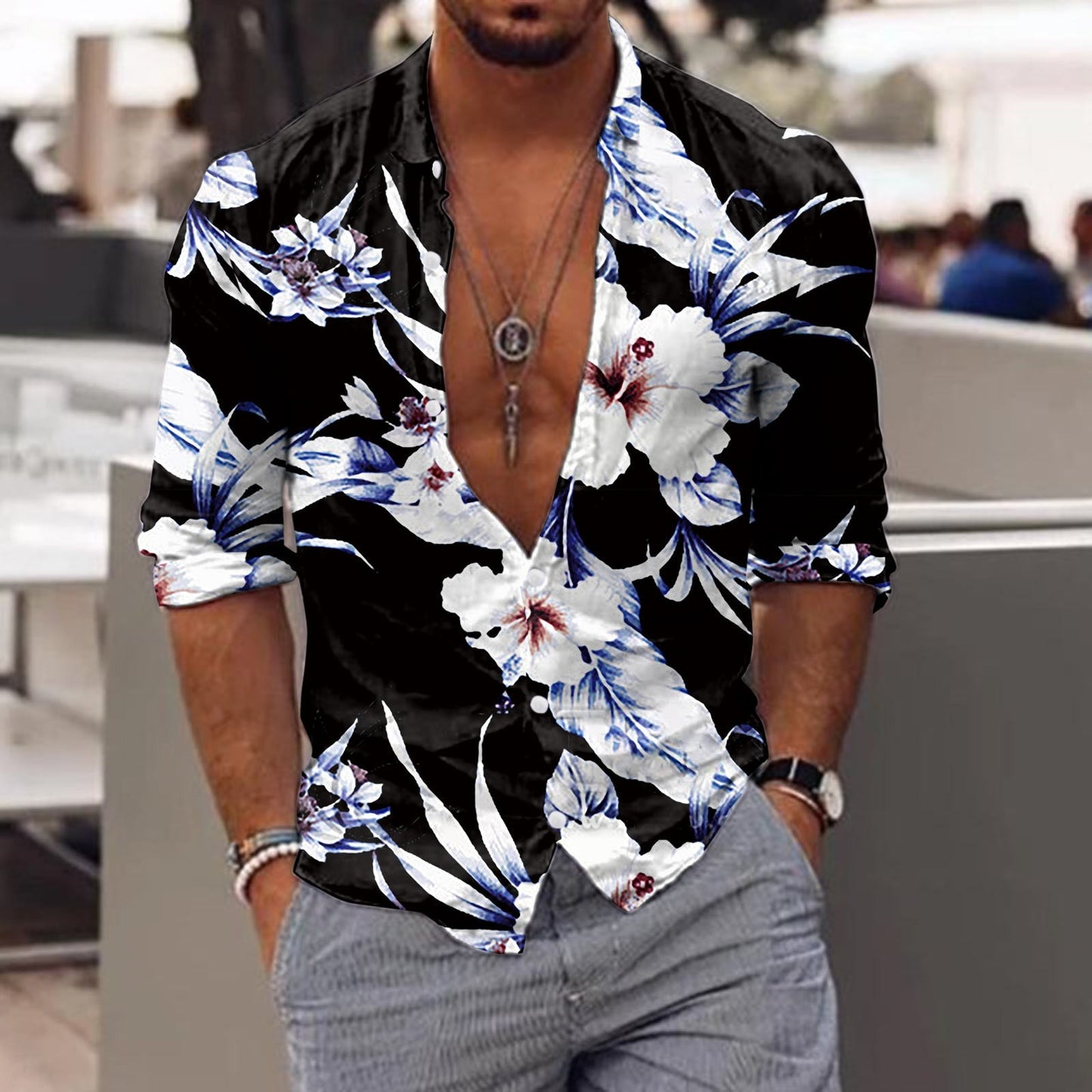 jiaabc Spring Autumn Men Hawaiian Shirts Turn-down Collar Buttoned Tops Men's Casual Tropical Printed Long Sleeve Shirt Streetwear