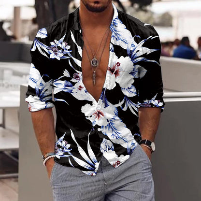 jiaabc Spring Autumn Men Hawaiian Shirts Turn-down Collar Buttoned Tops Men's Casual Tropical Printed Long Sleeve Shirt Streetwear