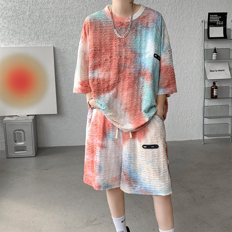 jiaabc Tie Dyed Texture Casual Shorts Set Short Sleeve T-shirts Large Size Summer Harajuku Streetwear Hip Hop Male Suit