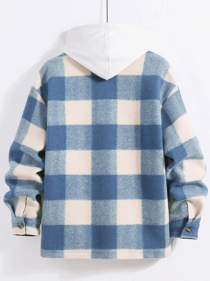 jiaabc Checked Plaid Colorblock Jacket Woolen Turn Down Collar Coat Winter Unisex Streetwear Warm Outerwear with Pocket