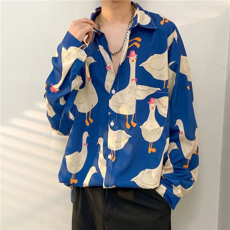 Antique Vintage Long sleeve Shirt for Men Streetwear Korea Style Fashion Design Clothes Full-printed Men's Hip Hop Top Shirt