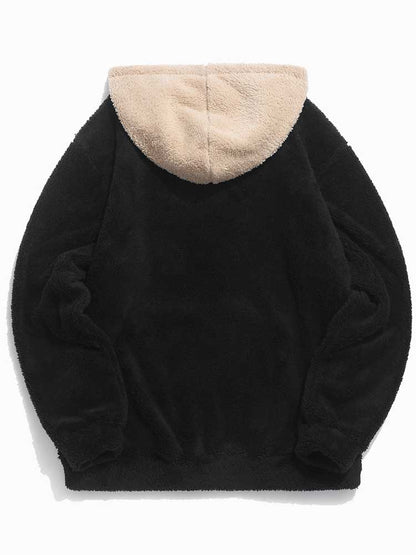 jiaabc Hooded Hoodie for Men Faux Fur Fluffy Sweatshirts Colorblock Streetwear Pullover Fall Winter Jumper with Kangaroo Pocket