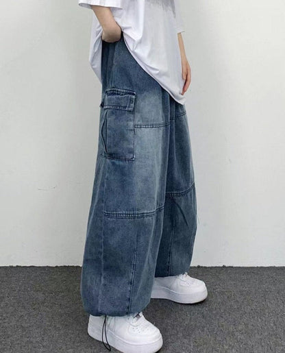 jiaabc Autumn Harajuku Fashion retro High Street hiphop Pants Straight Wide Leg Pants Women Casual Loose Big Pockets Cargo Jeans