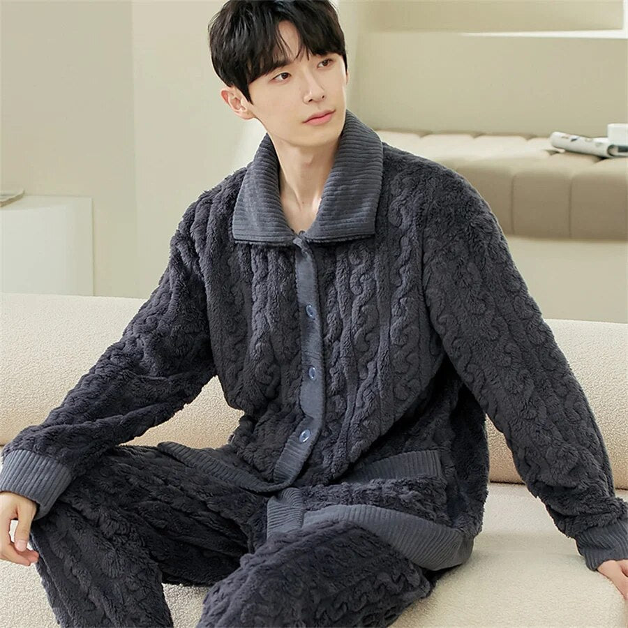 jiaabc Men Warm Flannel Winter Pajamas Turn-down Collar Long Sleeve Homewear Two-piece Set Loose Comfortable Thick Sleepwear Nightwear